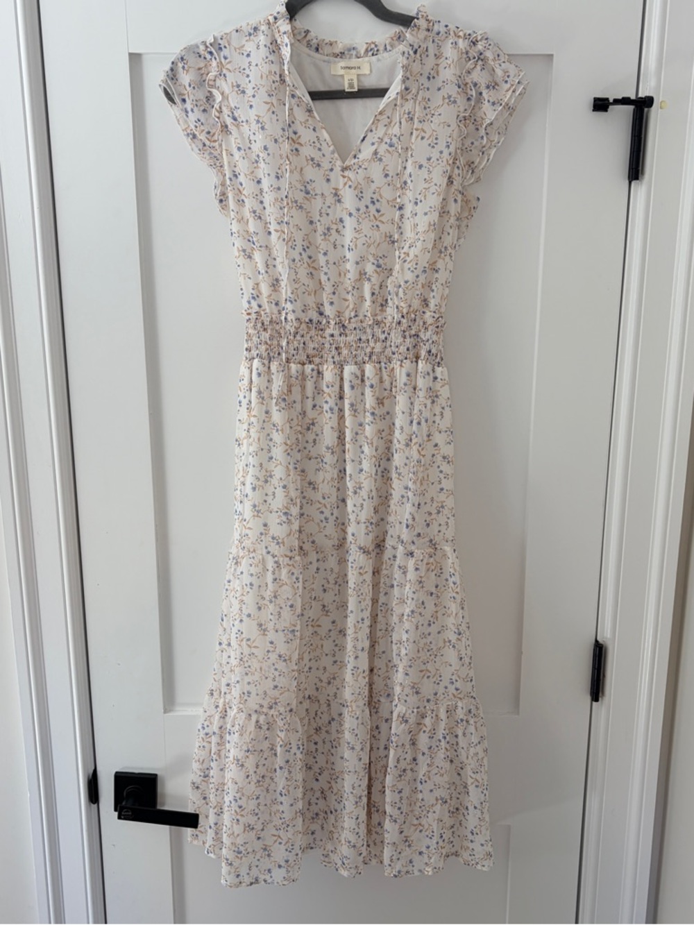 Tamara H Floral Midi Dress Size Small Cream Blue Smocked Waist Boho Dress